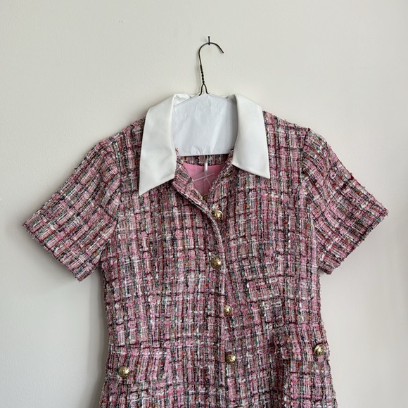 Endless Rose Pink Multi Tweed Collared Short Sleeve Dress - Picture 5 of 9